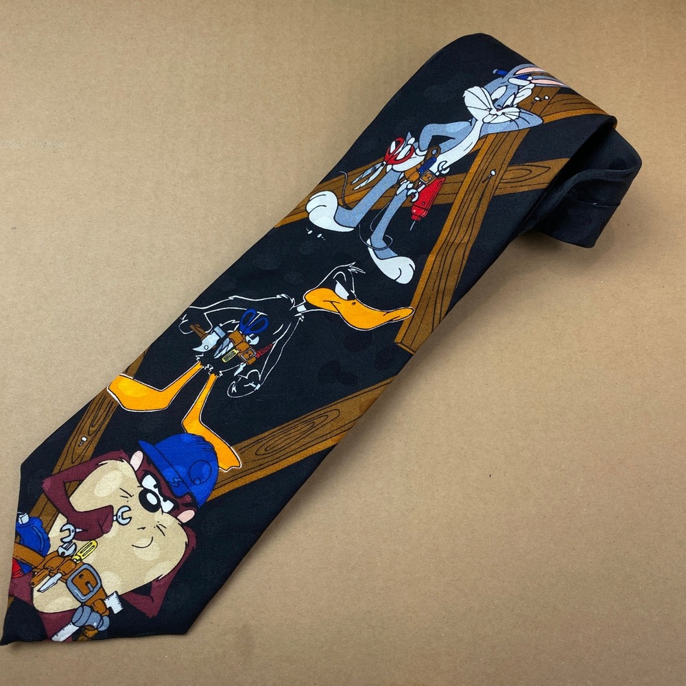 VTG Looney Tunes Mania Construction Characters Mens OS Black Silk Tie 1995 Taz